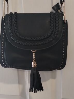 Black Braided Tassel Crossbody Bag with Silver Stud Details.    (177)